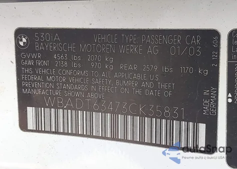 2003 BMW 530Ia из США, поврежденный, VIN WBADT63473CK35831